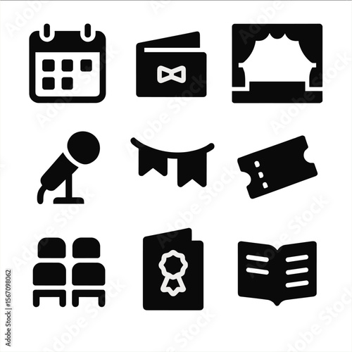 School Event Icons. Solid, filled icon set of school event management: calendar, invitation card, stage, microphone, banner,