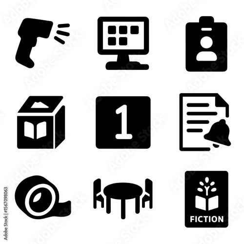 School Library Icons. Solid, filled icon set of school library tools: checkout scanner, catalog computer, library pass, book drop