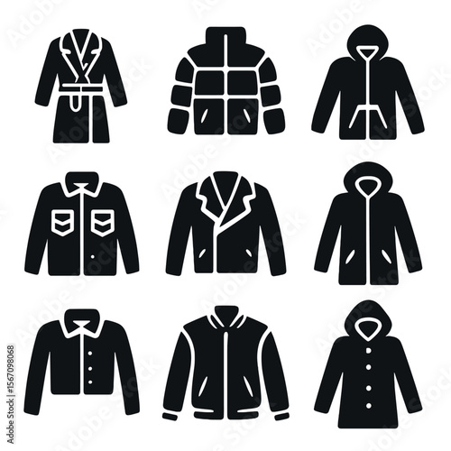 Urban Outerwear Icons. Solid, filled icon set of urban outerwear: trench coat, puffer jacket, windbreaker, denim jacket, leather