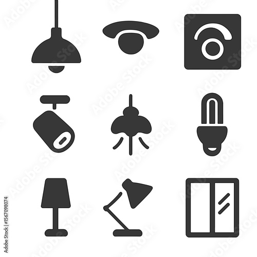Minimal Lighting Icons. Solid, filled icons set of minimal lighting designs: pendant lamp, recessed bulb,