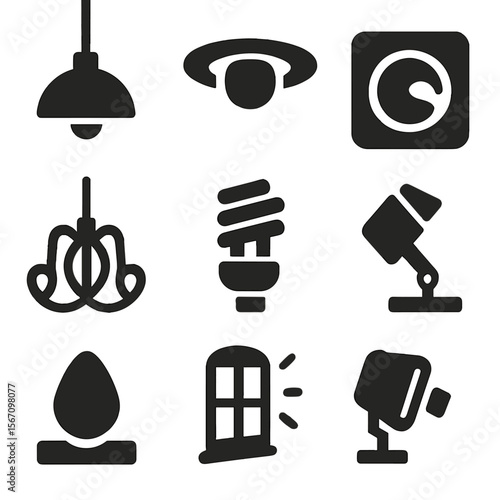 Minimal Lighting Icons. Solid, filled icons set of minimal lighting designs: pendant lamp, recessed bulb,