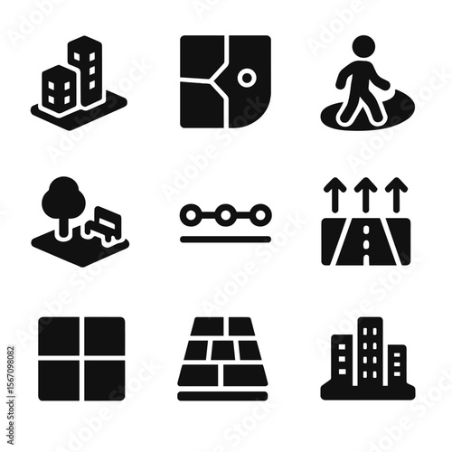 Urban Planning Icons. Solid, filled icon set of urban planning models: city block, zoning map, pedestrian path, miniature park,