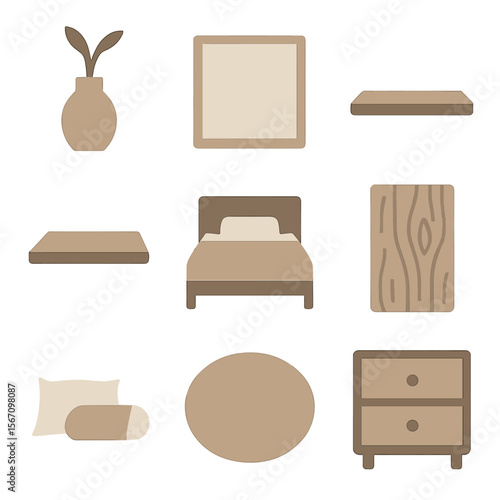 Minimalist Decor Icons. Solid, filled icons set of minimalist budget decor: neutral palette, clean lines,