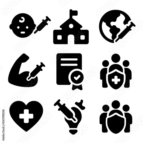 Vaccination Icon Set. Solid, filled icon set of vaccination milestones: baby’s first shot, school entry, travel vaccination,