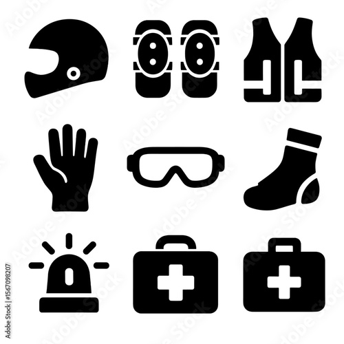 Scooter Safety Icons. Solid, filled icon set of scooter safety gear: helmet, knee pads, elbow pads, reflective vest, gloves,