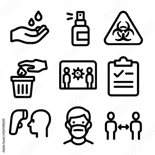 Vaccination Safety Icons. Solid, filled icon set of vaccination safety protocols: hand washing, sterilizing equipment, biohazard