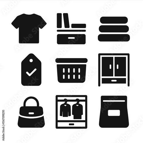 Minimalist Wardrobe Icons. Solid, filled icons set of minimalist wardrobe storage: neutral shirt, tidy shelf,