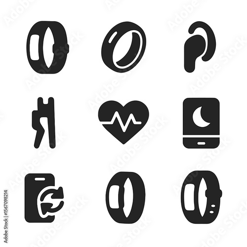 Minimalist Wearable Tech Icons. Solid, filled icons set of wearable minimalist tech: fitness tracker, ring