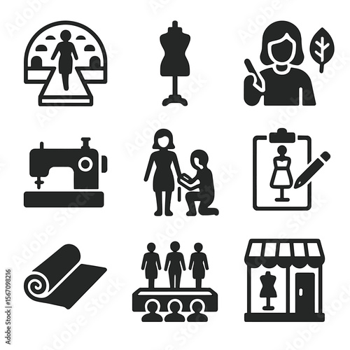Vegan Fashion Icons. Solid, filled icon set of vegan leather fashion events: runway, mannequin, designer, sewing, fitting, sketch,