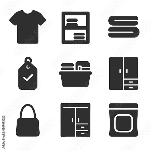 Minimalist Wardrobe Icons. Solid, filled icons set of minimalist wardrobe storage: neutral shirt, tidy shelf,