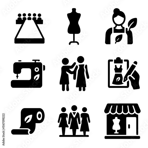Vegan Fashion Icons. Solid, filled icon set of vegan leather fashion events: runway, mannequin, designer, sewing, fitting, sketch,