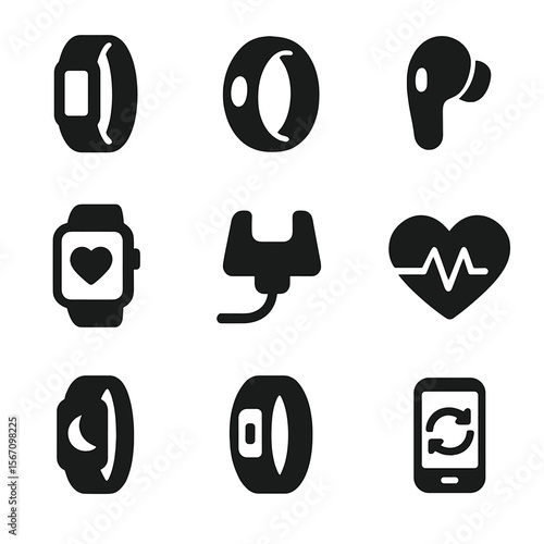 Minimalist Wearable Tech Icons. Solid, filled icons set of wearable minimalist tech: fitness tracker, ring