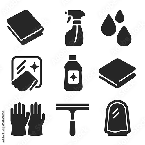 Mirror Cleaning Icons. Solid, filled icons set of mirror cleaning and care: microfiber cloth, cleaning spray,