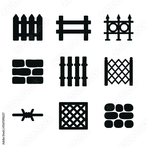 Variety of Fence Icons. Solid, filled icon set of old fence types: wooden picket fence, split rail fence, wrought iron fence,