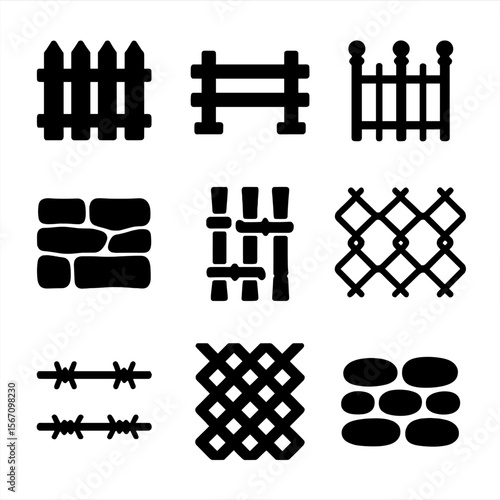 Variety of Fence Icons. Solid, filled icon set of old fence types: wooden picket fence, split rail fence, wrought iron fence,