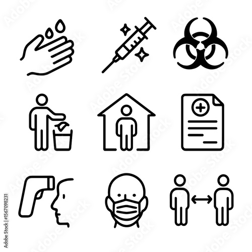 Vaccination Safety Icons. Solid, filled icon set of vaccination safety protocols: hand washing, sterilizing equipment, biohazard