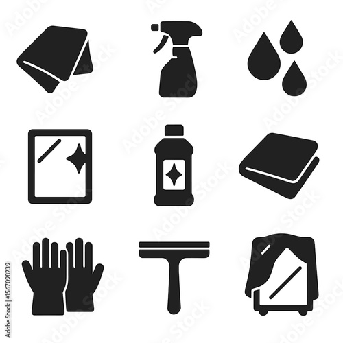 Mirror Cleaning Icons. Solid, filled icons set of mirror cleaning and care: microfiber cloth, cleaning spray,