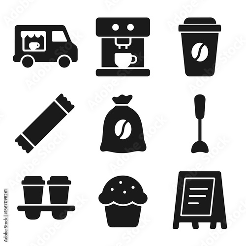 Mobile Coffee Icons. Solid, filled icons set of mobile coffee vendors: coffee truck, espresso machine, coffee
