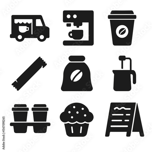 Mobile Coffee Icons. Solid, filled icons set of mobile coffee vendors: coffee truck, espresso machine, coffee