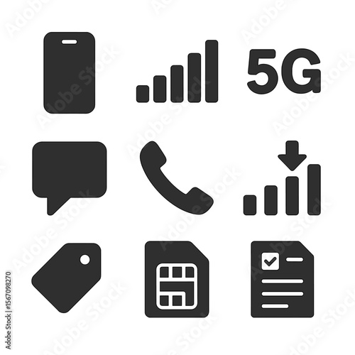 Mobile Carrier Icons Set. Solid, filled icons set of mobile carrier plans: mobile phone, signal icon, 5G, SMS