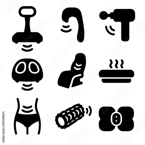 Vibration Therapy Icons. Solid, filled icon set of vibration therapy devices: whole body vibration platform, handheld massager,