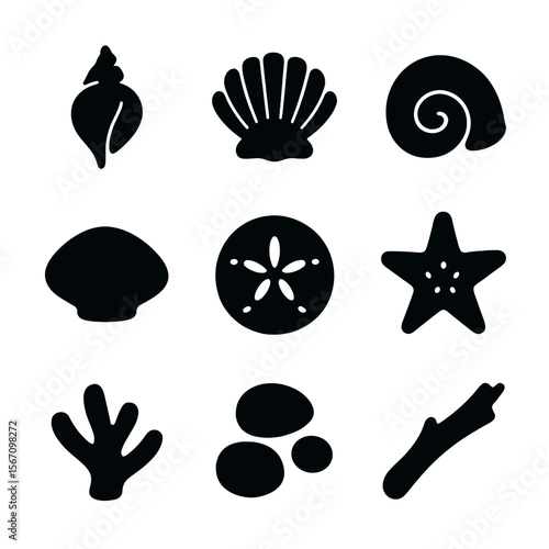 Seashell Icon Grid. Solid, filled icon set of seashell collection: conch shell, scallop shell, spiral shell, clam shell, sand