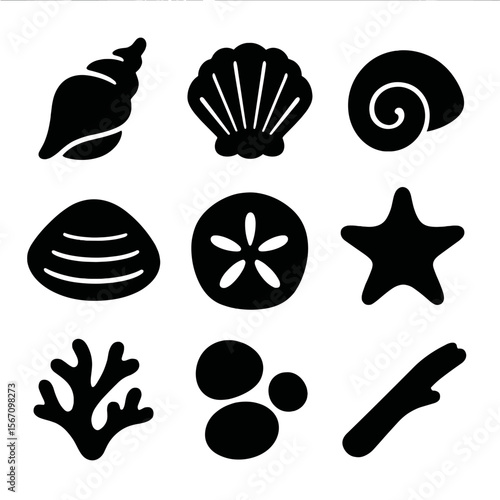 Seashell Icon Grid. Solid, filled icon set of seashell collection: conch shell, scallop shell, spiral shell, clam shell, sand