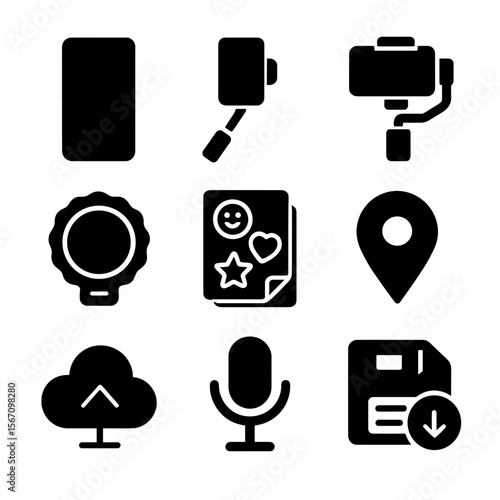 Mobile Content Creation Icons. Solid, filled icons set of mobile content creation: vertical video frame,