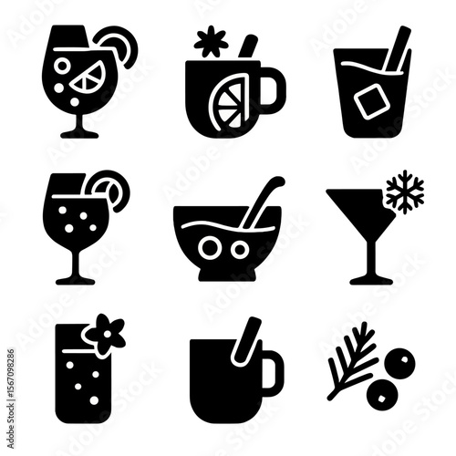 Seasonal Cocktail Icons. Solid, filled icon set of seasonal cocktails: summer sangria, winter mulled wine, autumn cider cocktail,