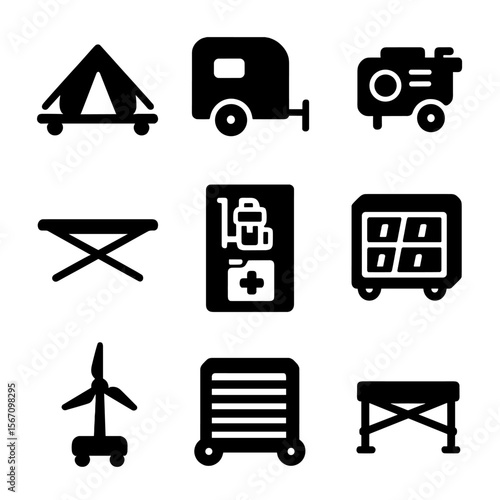 Mobile Survival Icons. Solid, filled icons set of mobile survival shelters: collapsible tent, wheeled base,