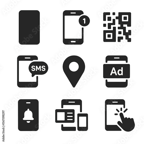 Mobile Marketing Icons. Solid, filled icons set of mobile marketing techniques: smartphone icon, app