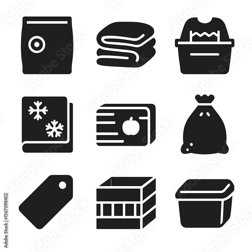 Seasonal Storage Icons. Solid, filled icon set of seasonal laundry storage: vacuum bag, winter blanket, sweater bin, holiday