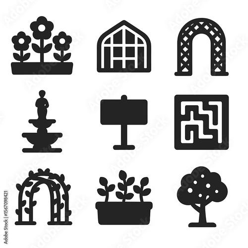 Modern Botanical Icons. Solid, filled icons set of botanical and garden park elements: flower bed, greenhouse,