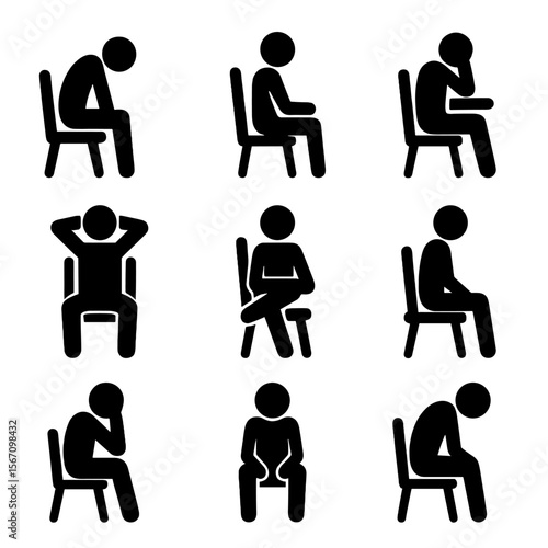 Seating Posture Icons. Solid, filled icon set of posture in seating: slouching in chair, upright posture, leaning on armrest, arms