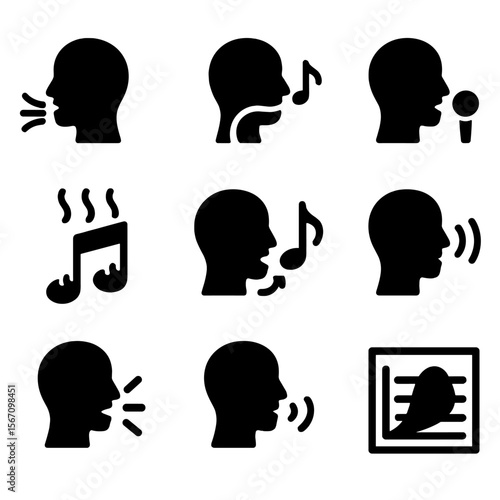Vocal Training Icons. Solid, filled icon set of vocal training techniques: breath control, diaphragm support, vocal warm-up, pitch