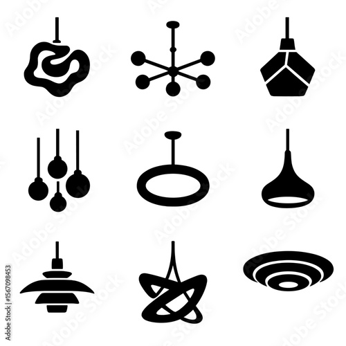 Modern Ceiling Light Icons. Solid, filled icons set of artistic ceiling lights: sculptural lamp, multi-arm