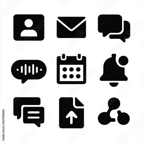 Modern Communication Icons. Solid, filled icons set of communication methods: video call screen, email
