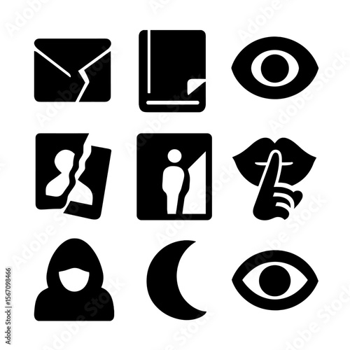 Secret Icons Grid. Solid, filled icon set of secret glimpses: envelope crack, journal corner, spyglass view, torn photo, shadow in