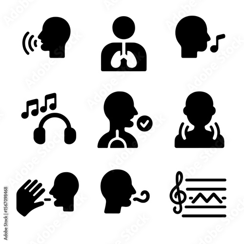 Vocal Training Icons. Solid, filled icon set of vocal training techniques: breath control, diaphragm support, vocal warm-up, pitch