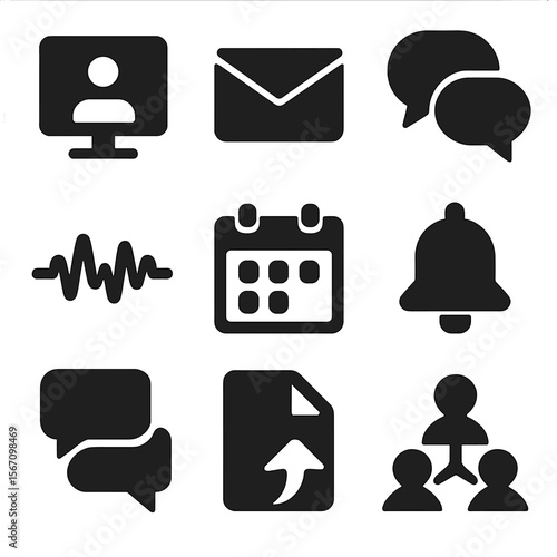 Modern Communication Icons. Solid, filled icons set of communication methods: video call screen, email