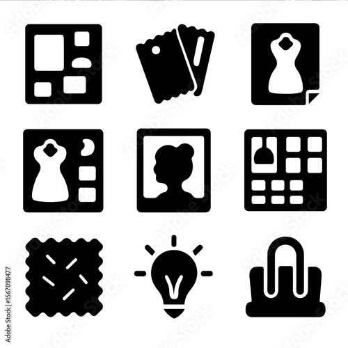 Modern Costume Design Icons. Solid, filled icons set of moodboards and inspiration in costume design: collage