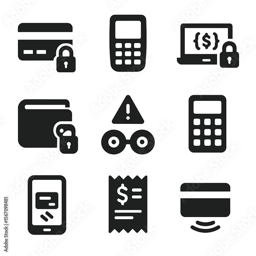 Secure Payment Icons. Solid, filled icon set of secure payment methods: credit card lock, payment terminal, encrypted transaction,
