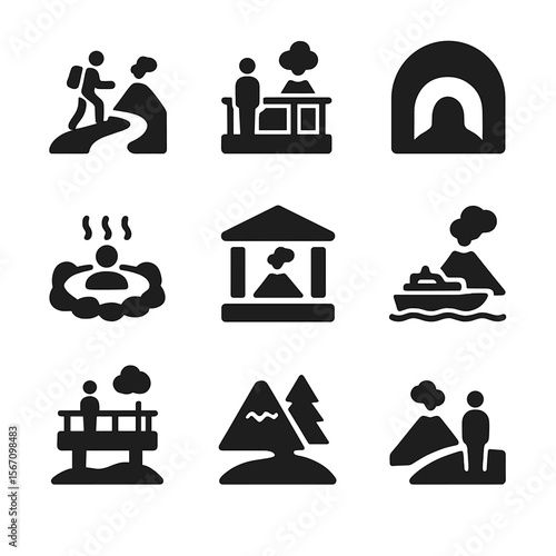 Volcano Tourist Icons. Solid, filled icon set of volcanic tourist attractions: hiking trail, lookout point, lava tube cave, hot
