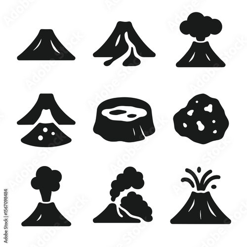 Volcanic Icon Set. Solid, filled icon set of volcanic landscapes: volcano cone, lava flow, ash cloud, magma chamber, crater lake,