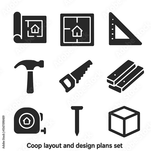 Modern Coop Design Icons. Solid, filled icons set of coop layout and design plans: blueprint paper, floor plan