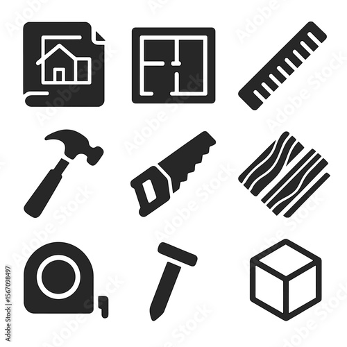 Modern Coop Design Icons. Solid, filled icons set of coop layout and design plans: blueprint paper, floor plan