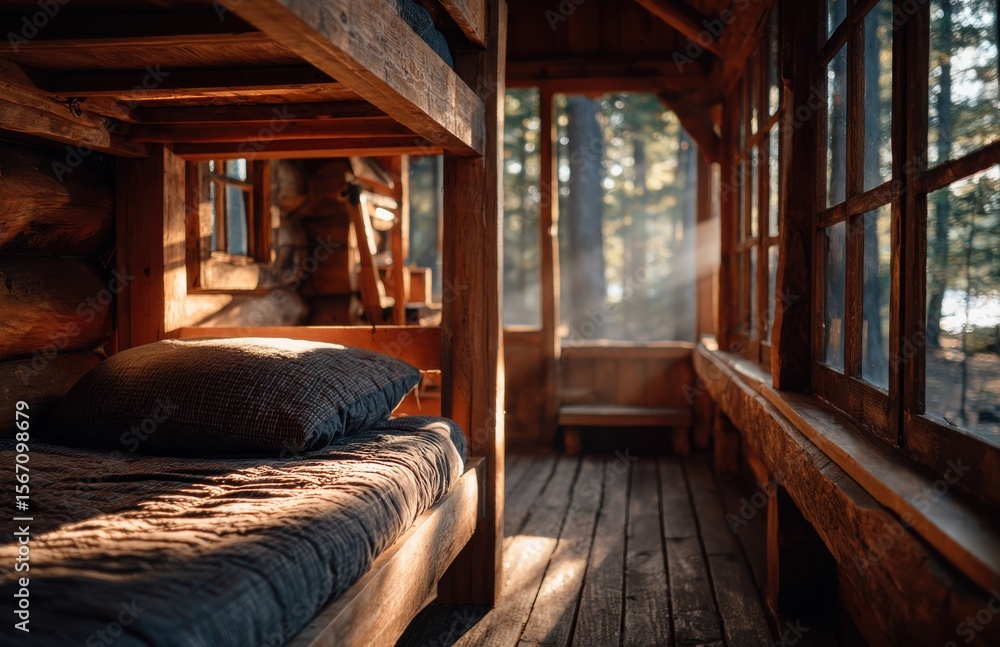 Cozy bunk bed in rustic log cabin with forest view Cozy bunk bed in rustic log cabin with forest view