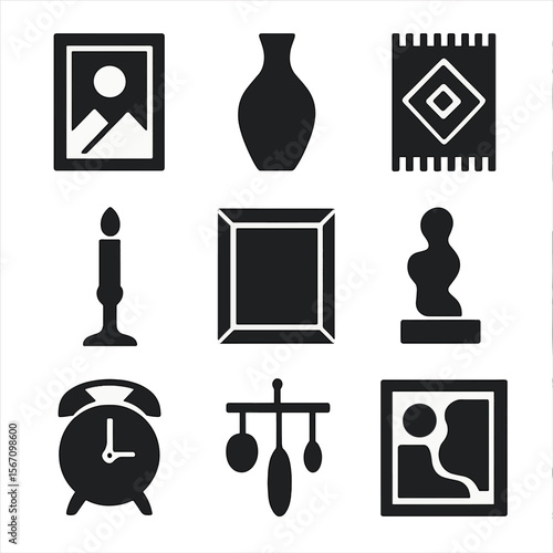 Modern Home Décor Icons. Solid, filled icons set of contemporary home décor: art print, designer vase,