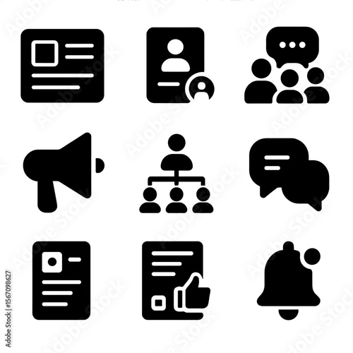 Modern Intranet Icons. Solid, filled icons set of company intranet and communication: internal newsfeed,