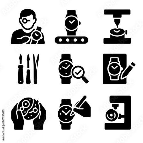 Watchmaking Icon Set. Solid, filled icon set of watch manufacturing: watchmaker, assembly line, engraving machine, precision tools